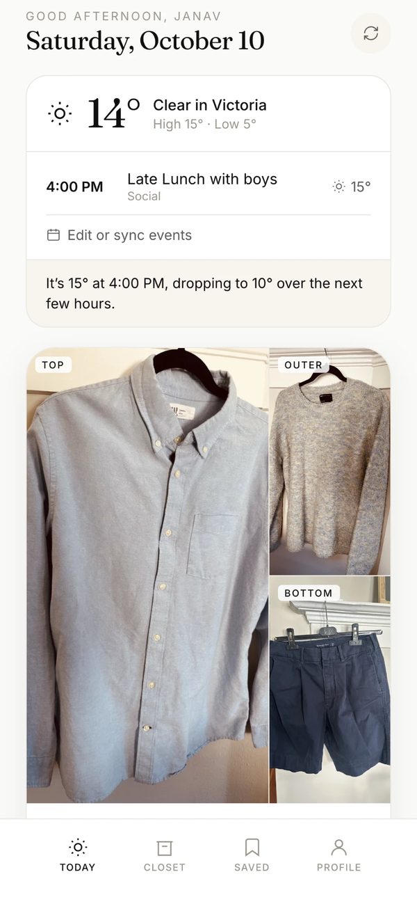 EDIT's Today screen: 14° and clear in Victoria, a 4 PM lunch on the calendar, and the pick: light blue oxford, grey knit sweater, navy shorts