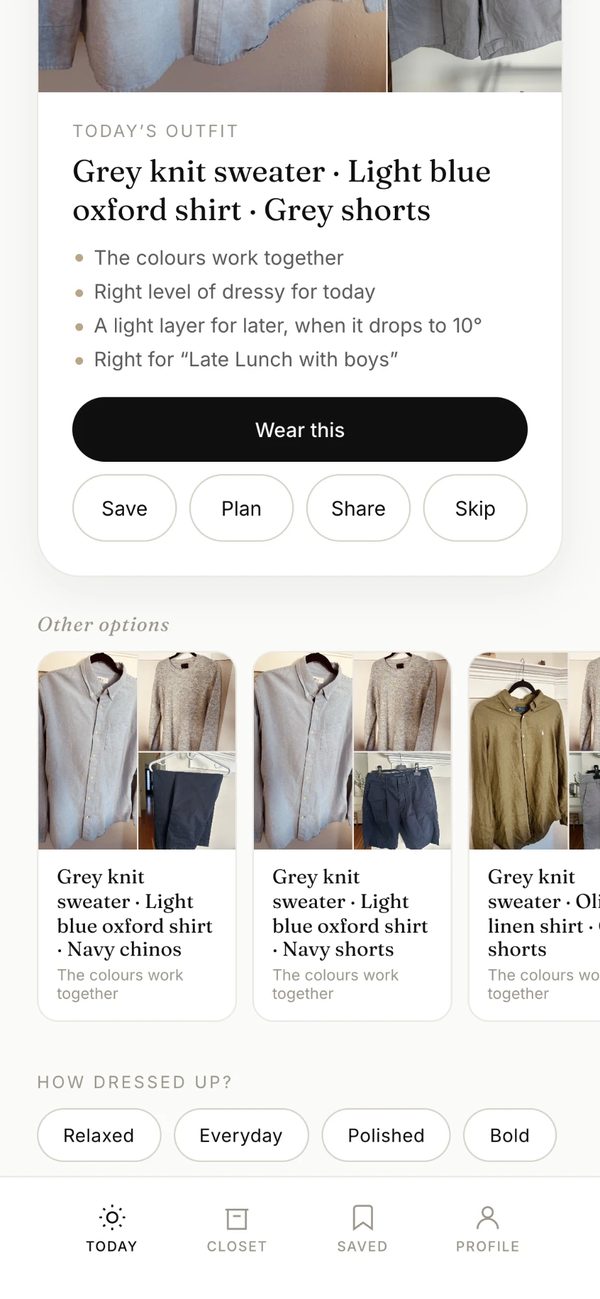 EDIT's outfit card listing why the outfit works, with other options below
