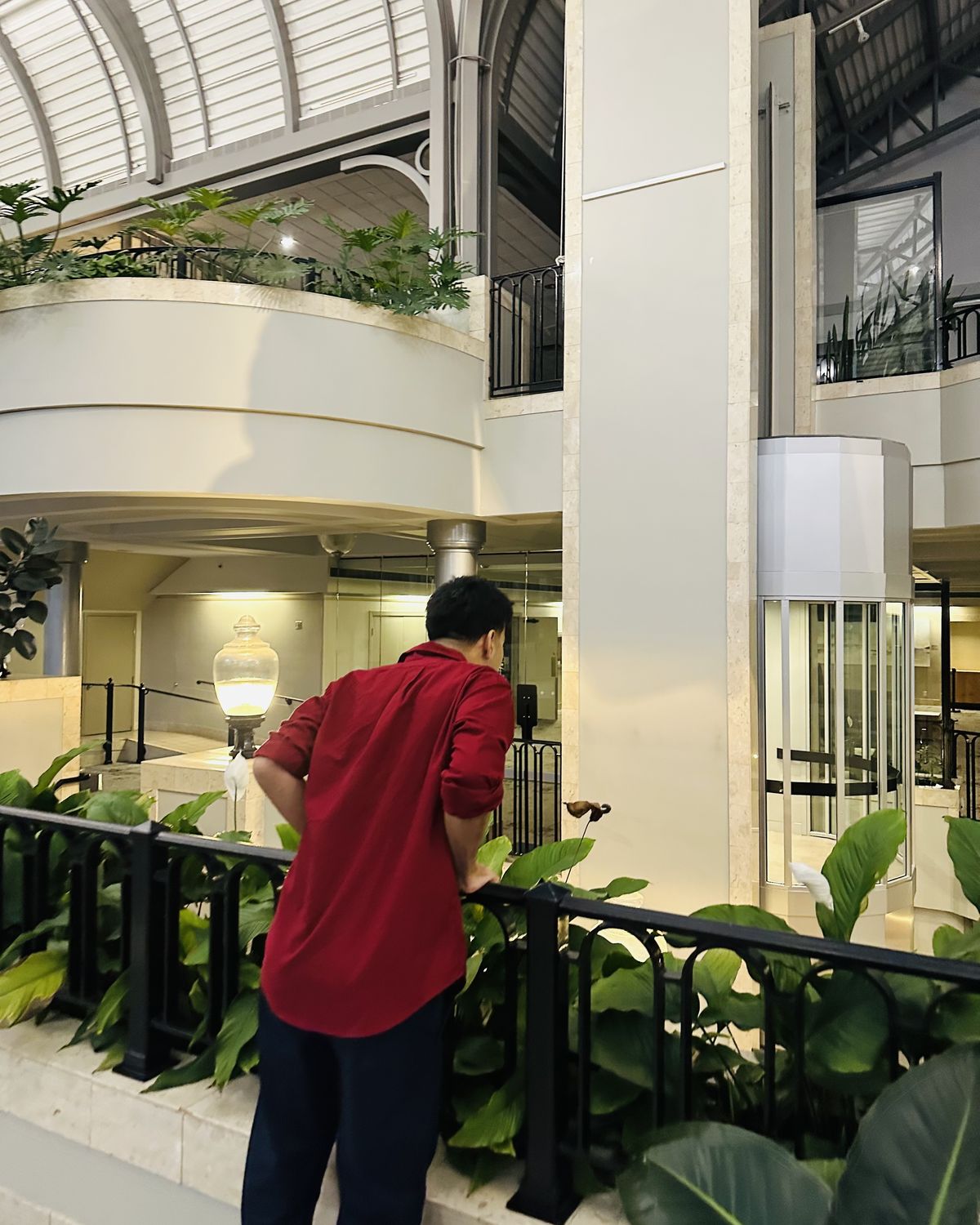 Janav in a red shirt leaning on a railing, looking out across a glass-roofed atrium